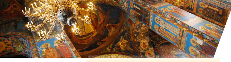 Painted walls and ceiling, chandelier