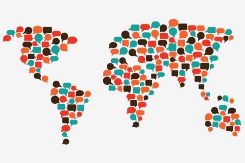 Graphic of world map made of language clouds